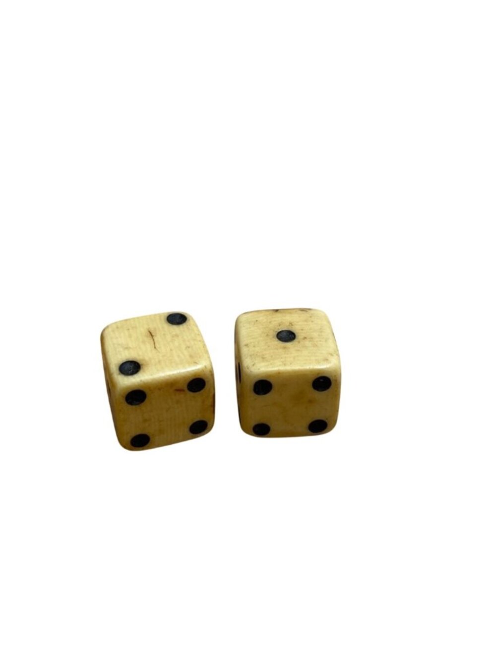 Vtg Bovine Cow Bone Dice Pair Black Pips .5 Inch Handmade Gambling Collectible